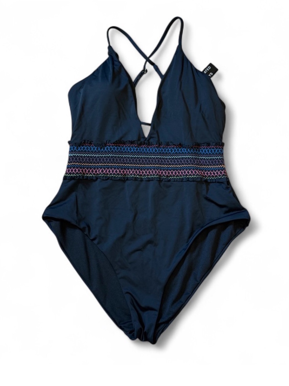 Bar III Navy One-Piece Swimsuit with Multi-Color Waistband